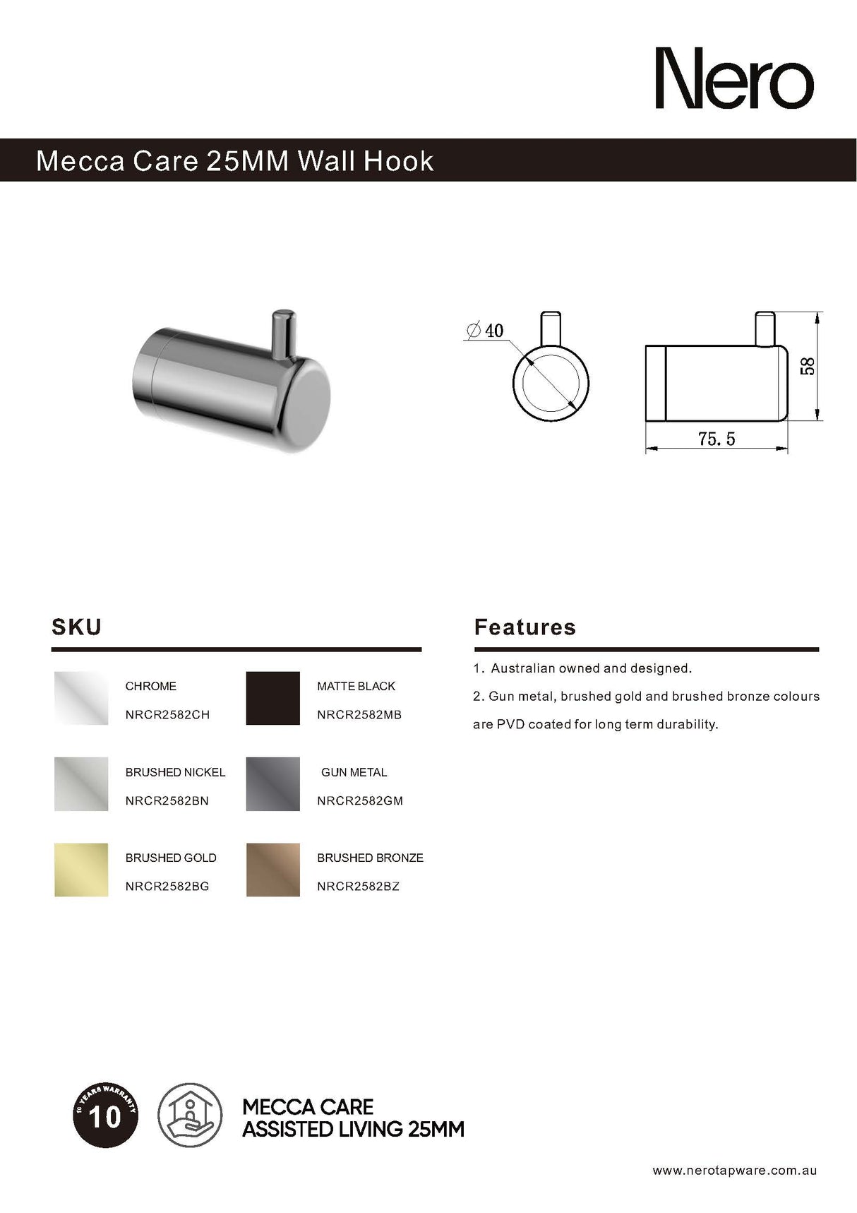 Nero Mecca Care 25mm Wall Hook Brushed Nickel NRCR2582BN