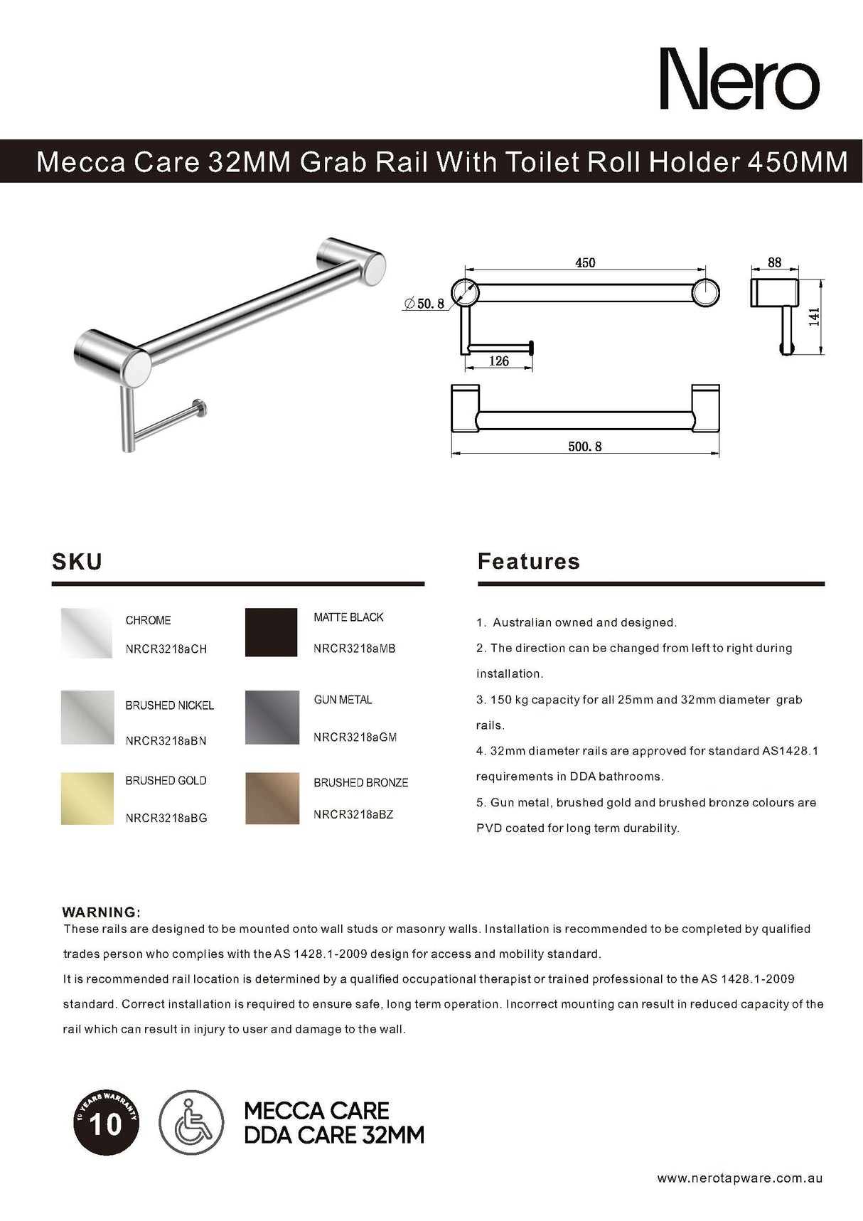 Nero Mecca Care 32mm Grab Rail With Toilet Roll Holder 450mm Brushed Bronze NRCR3218ABZ