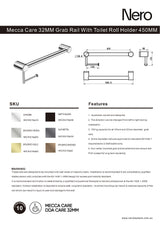 Nero Mecca Care 32mm Grab Rail With Toilet Roll Holder 450mm Brushed Bronze NRCR3218ABZ