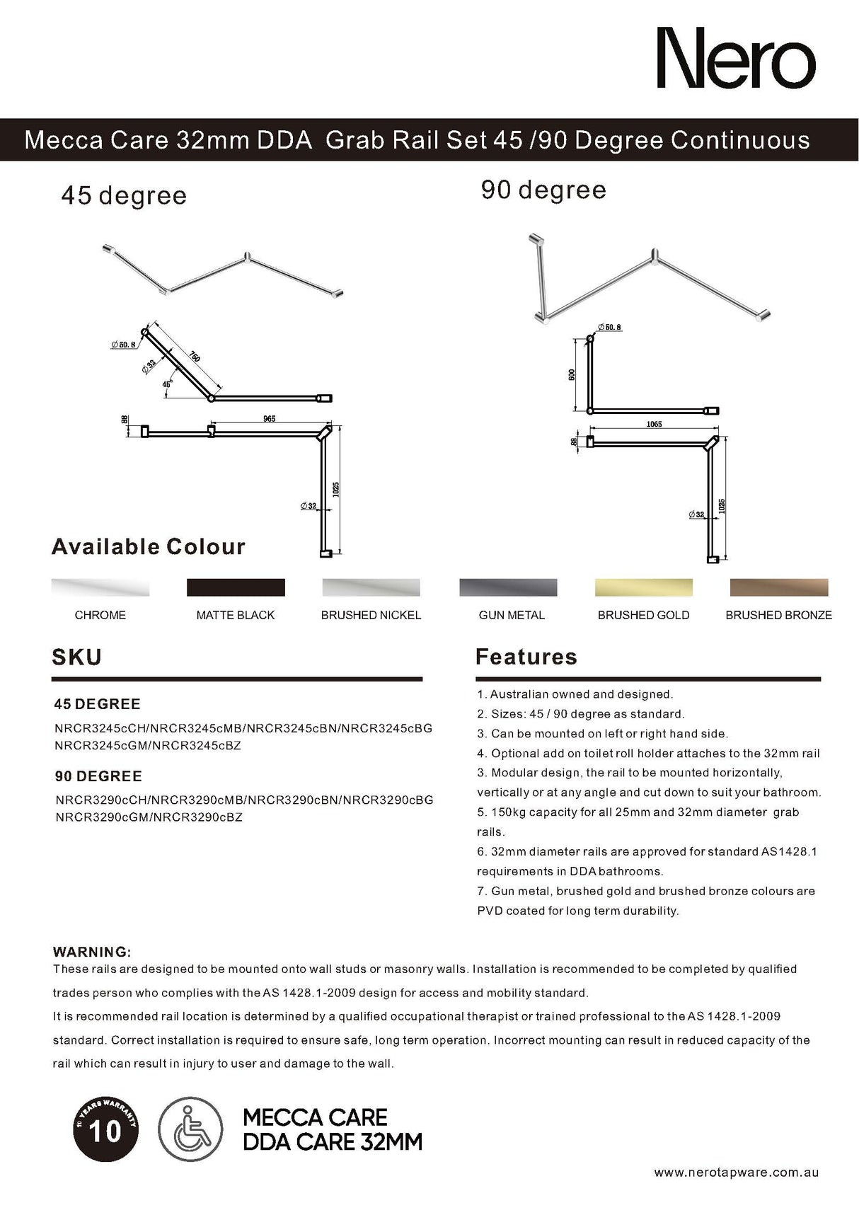 Nero Mecca Care 32mm Dda Toilet Grab Rail Set 45 Degree Continuous 750X965X1025mm Gun Metal NRCR3245CGM
