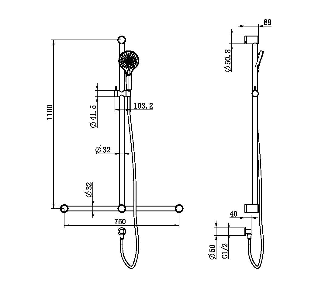 Nero NRCS006BG Mecca Care 32mm T Bar Grab Rail and Adjustable Shower Set - Brushed Gold