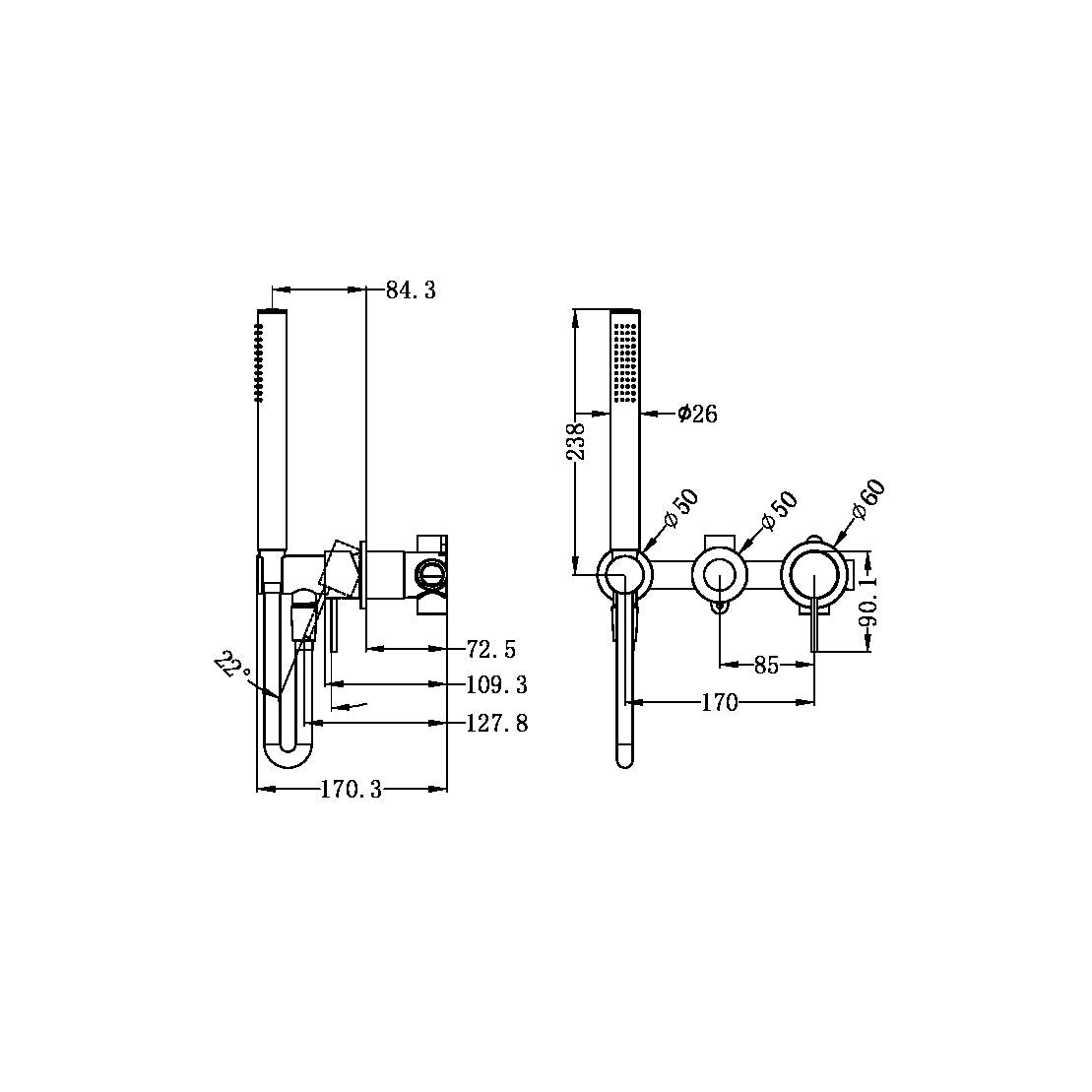Nero NR221912fBG Mecca Shower Mixer Diverter System (Separate Back Plate) - Brushed Gold