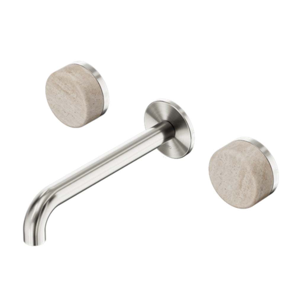 Nero Serenity Wall Basin Set 220mm Spout w/ Rome Travertine Handle Brushed Nickel 24D049BN