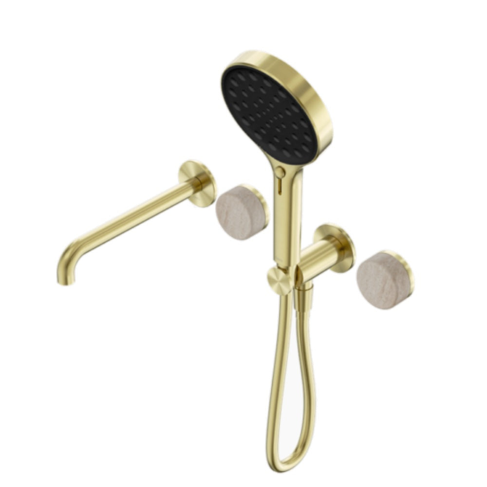 Nero Serenity Progressive Shower System w/ Spout w/ Rome Travertine Handle And Serenity Hand Shower Brushed Gold 24E015BG