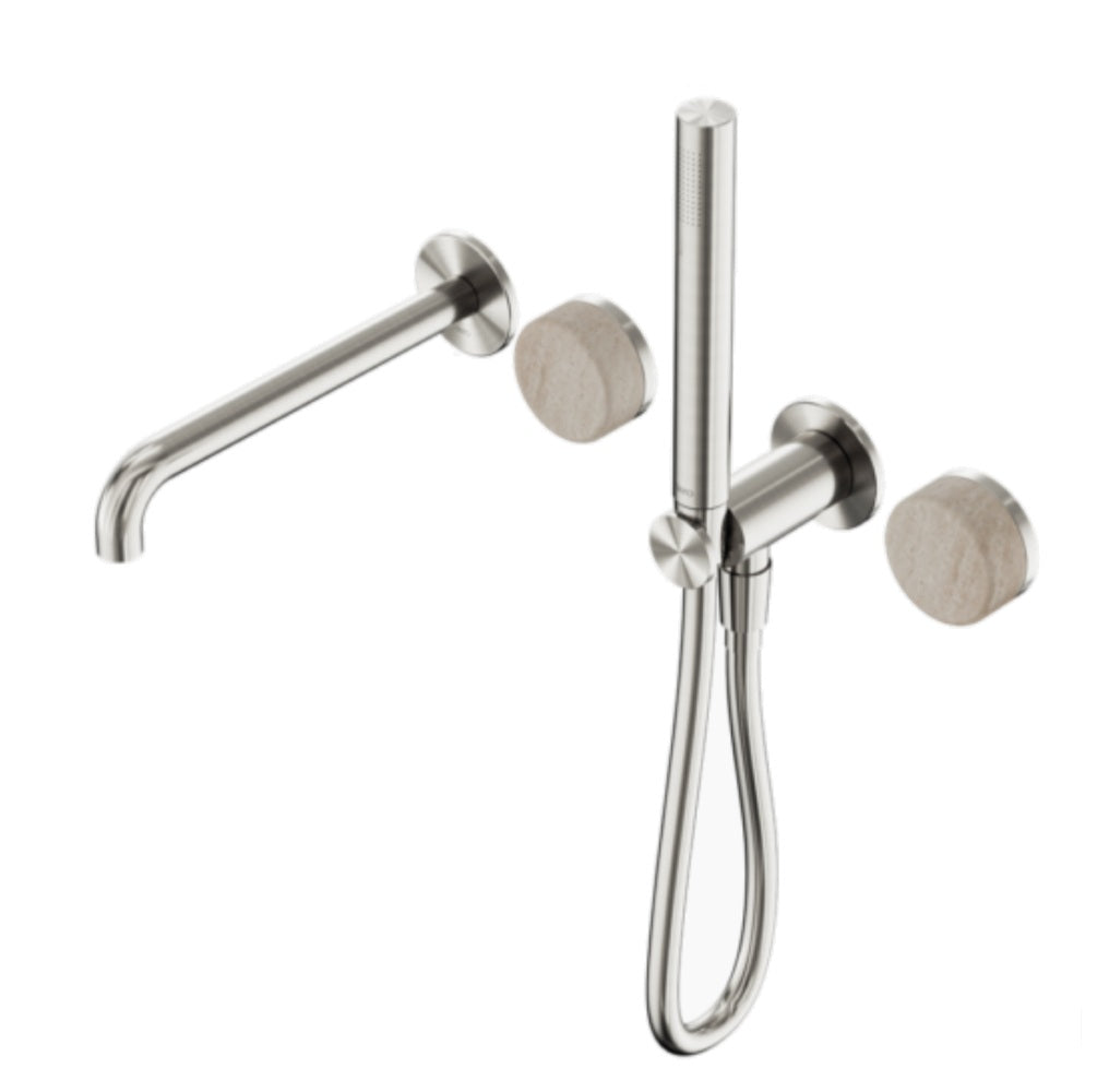 Nero Serenity Progressive Shower System w/ Spout w/ Rome Travertine Handle And Slim Shower Brushed Nickel 24E009BN