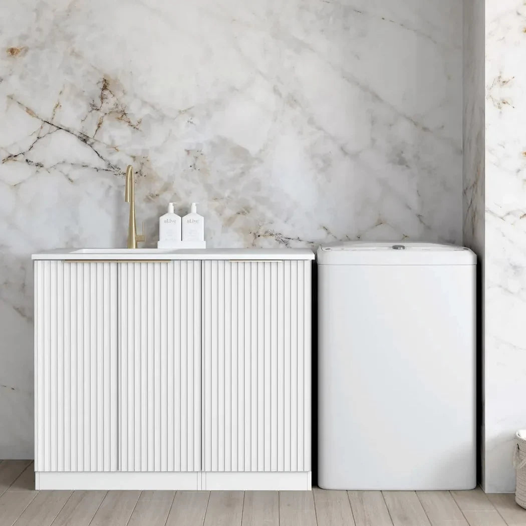 Otti Noosa 1060x600x900 White Base Laundry Cabinet with Stone Top and Sink