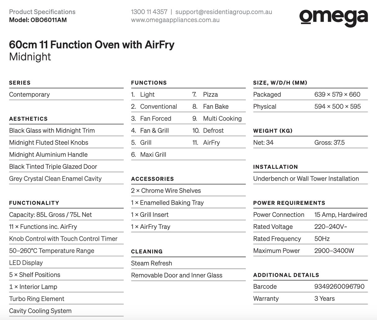 Omega Obo6011Am 60Cm 11 Function Oven With Airfry - Special Order Electric Oven