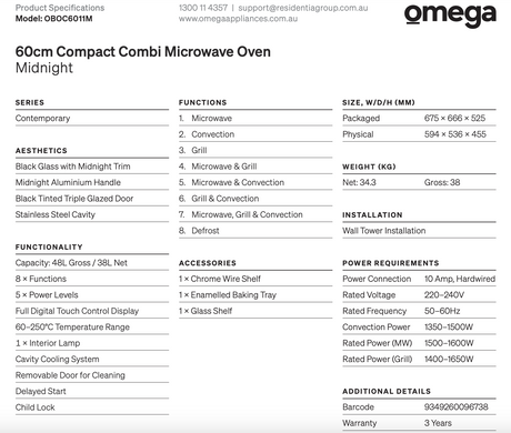 Omega Oboc6011M 60Cm 8 Function Compact Combi Microwave - Special Order Built In Appliances