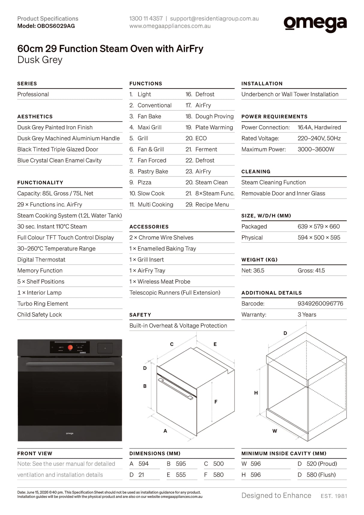 Omega OBOS6029AG 60cm 29 Function Steam Oven with AirFry, Dusk Grey