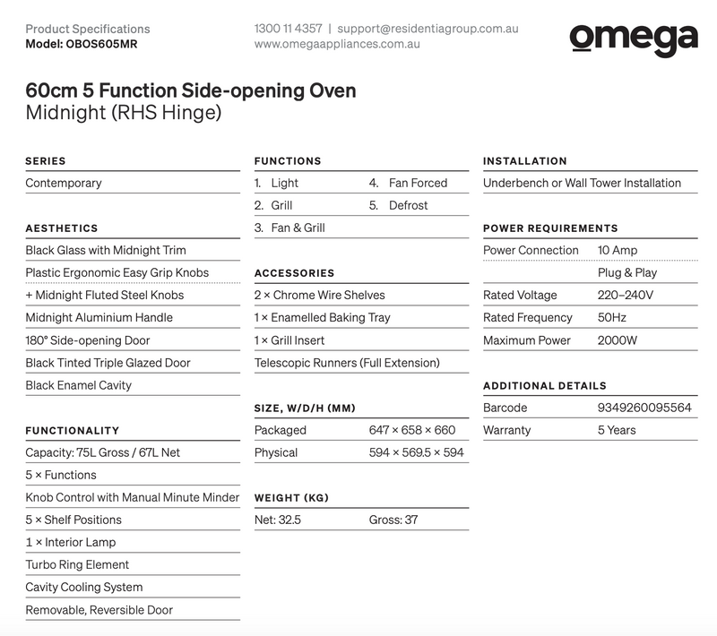 Omega OBOS605MR 60cm Black 5 Function Side-Opening Oven, Right Hinge