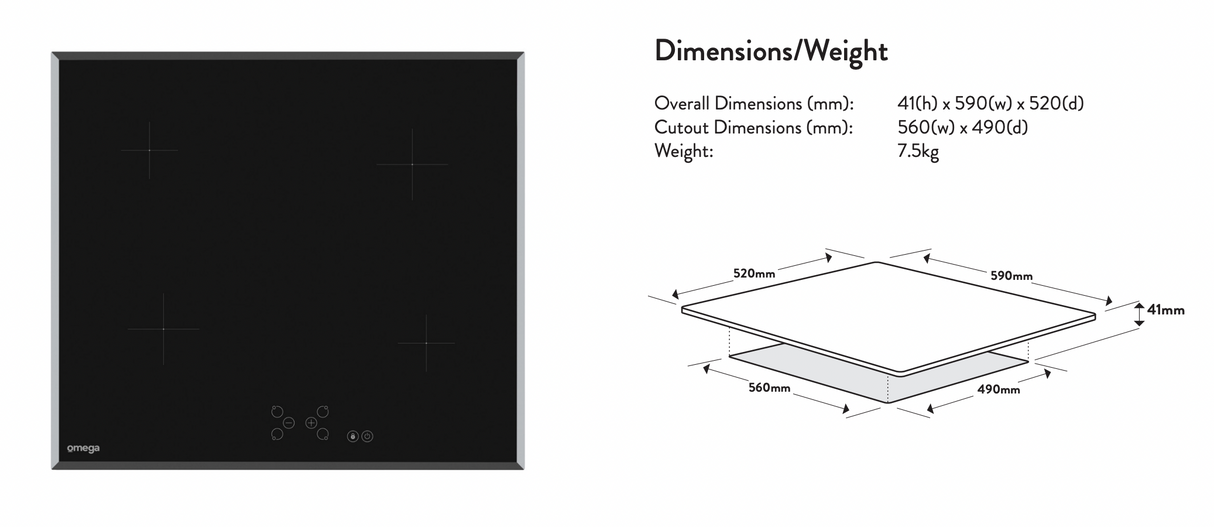 Omega OC64TB 60cm 4 Zone Ceramic Cooktop