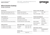 Omega Occ604Kz 60Cm Ceramic Cooktop Knob Controls - Special Order
