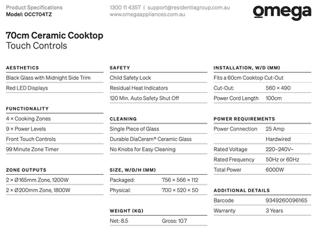 Omega Occ704Tz 70Cm Ceramic Cooktop Touch Controls - Special Order