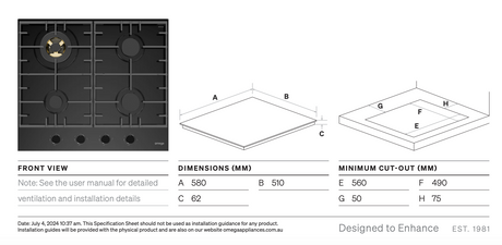Omega Ocgg604Wb 60Cm Gas On Ceramic Glass Cooktop - Special Order
