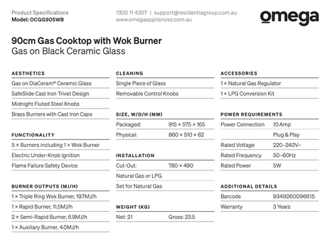Omega Ocgg905Wb 90Cm Gas On Ceramic Glass Cooktop - Special Order