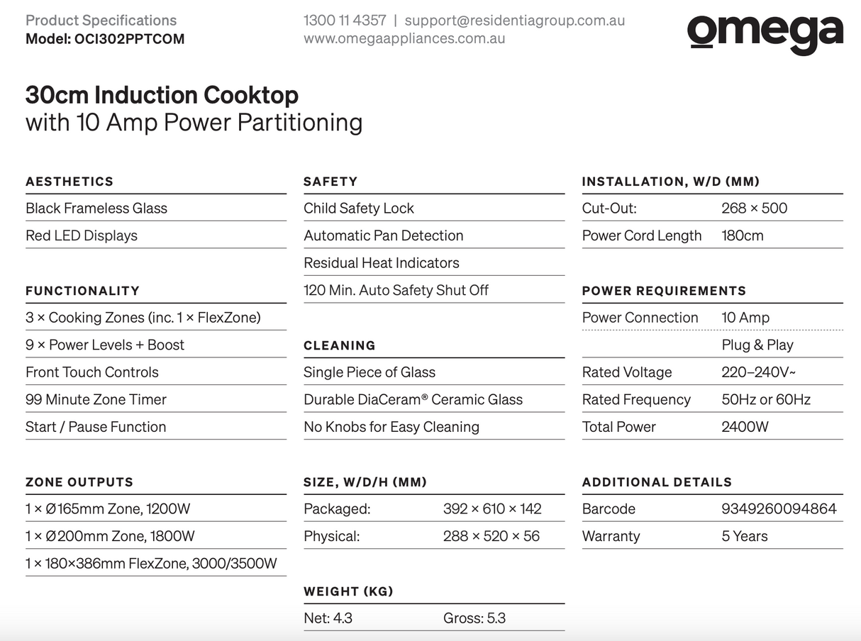 Omega OCI302PPTCOM 30cm Induction Cooktop, 10 Amp Power Plug