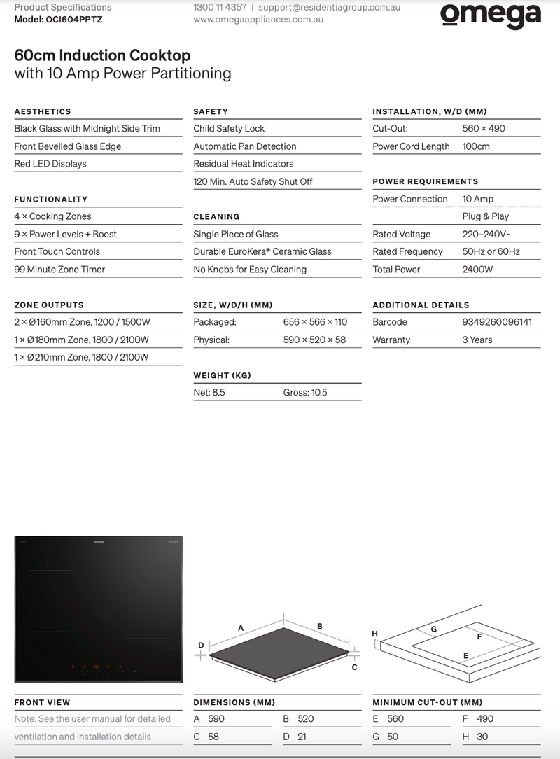 Omega OG602 60cm Kitchen Appliance Package, 10amp Oven, Induction Cooktop