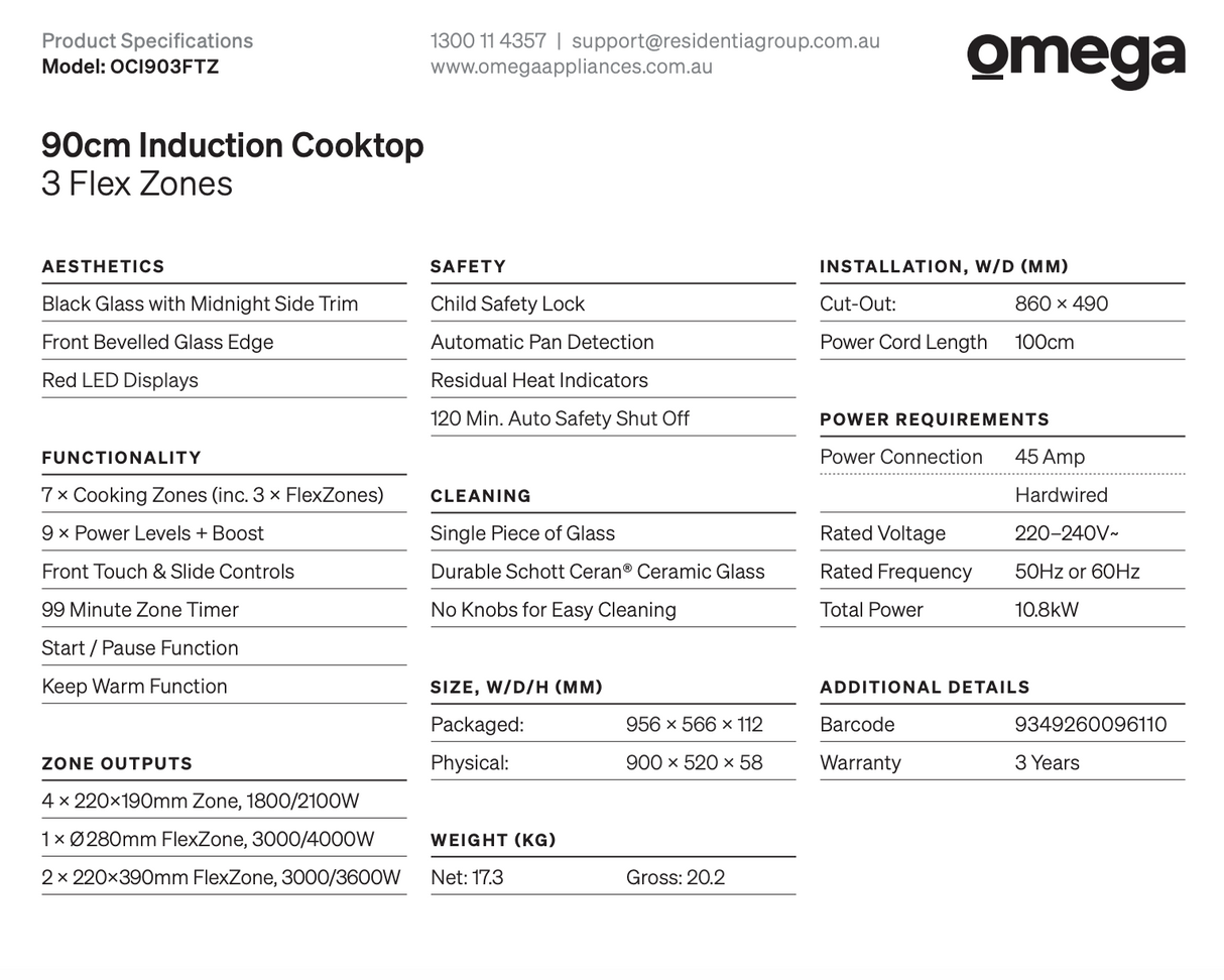 Omega Oci903Ftz 90Cm Induction Cooktop With 3 Flexzones - Special Order