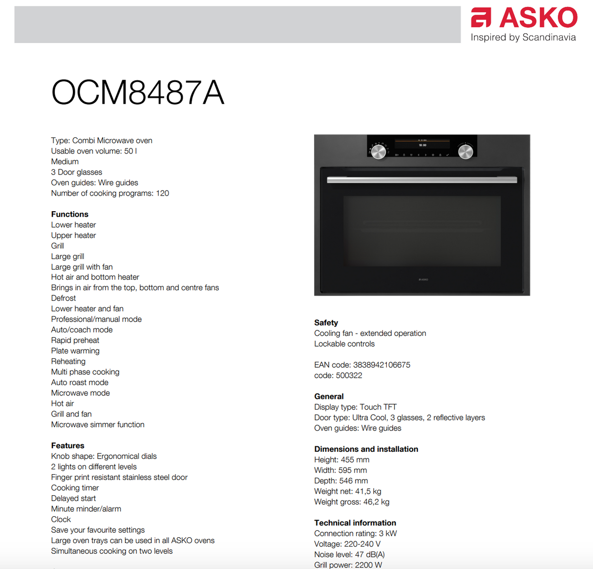 ASKO 45x60cm Compact Combi-Microwave Oven OCM8487A - Ex Display