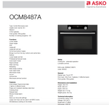 ASKO 45x60cm Compact Combi-Microwave Oven OCM8487A - Ex Display