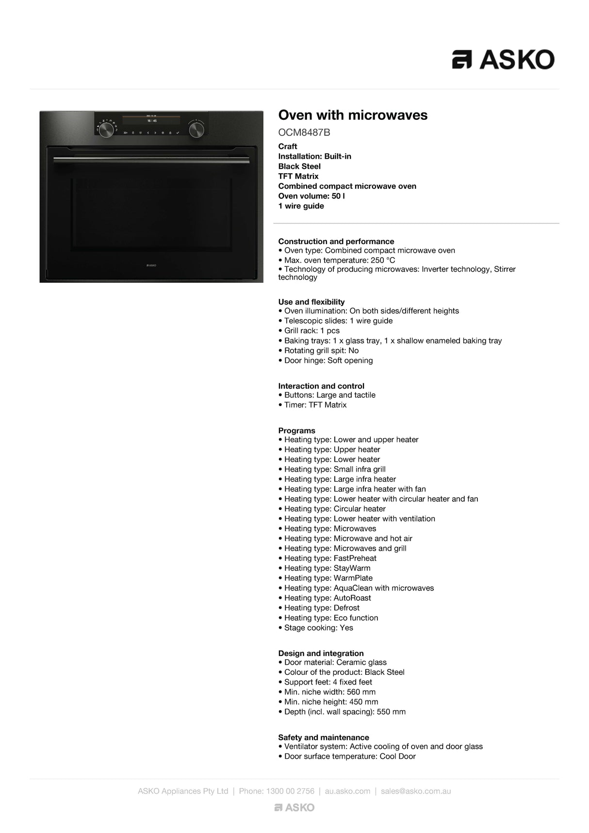 ASKO 60cm Compact Combi-Microwave Oven Black Steel OCM8487B - ASKO Seconds Discount