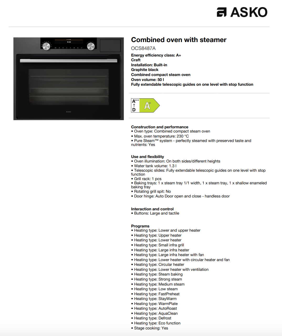 ASKO OCS8487A 45cm Compact Craft Combination Oven with Full Steam, Black - ASKO Factory Seconds