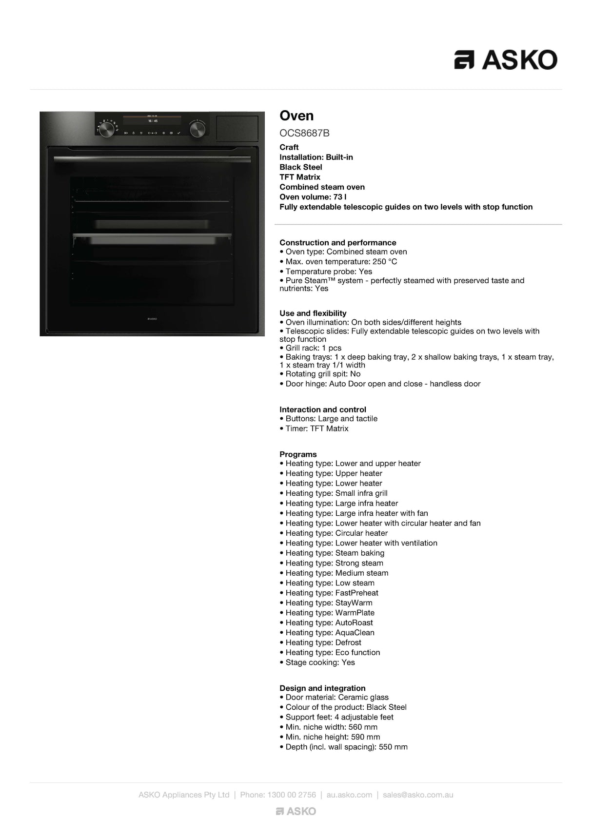 ASKO 60cm Craft Built-In Combi-Steam Oven Black Steel OCS8687B - ASKO Seconds Discount