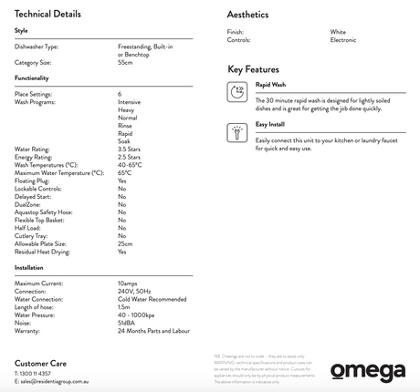 Omega Odw101W 55Cm White Benchtop Dishwasher - Special Order Dishwashers
