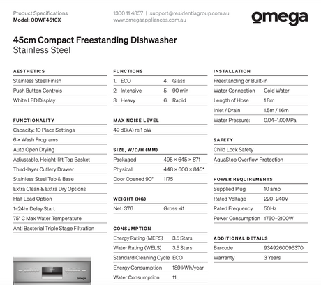 Euro Appliances Eds45Xs 45Cm Stainless Steel Dishwasher With Top Cutlery Draw - Special Order