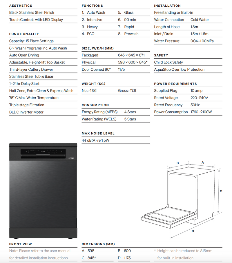 Omega OG6901 60cm 90cm Kitchen Appliance Package, Gas Cooktop, Black