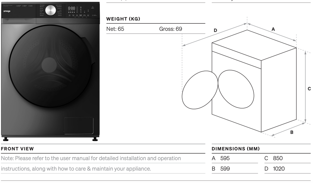 Omega OFLW900AM 9kg Auto Dose Front Load Washing Machine, Black Finish