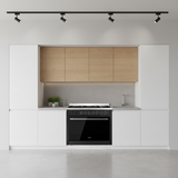 Black kitchen stove with digital display and control knobs on a white background