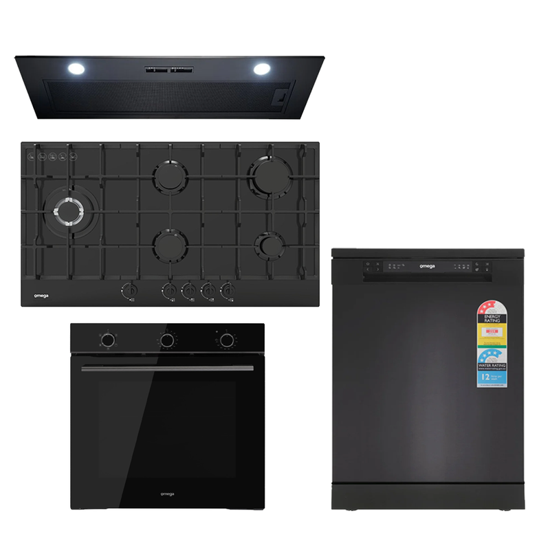 Omega OG6901 60cm 90cm Kitchen Appliance Package, Gas Cooktop, Black