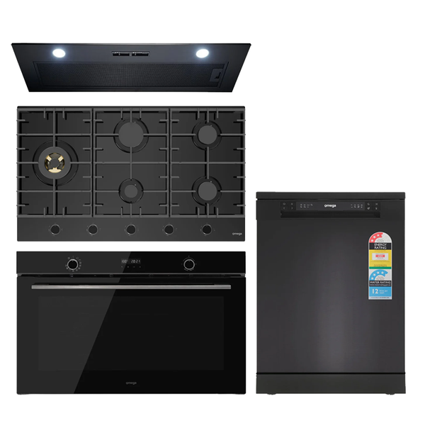 Omega OG901 90cm Kitchen Appliance Package, Gas Cooktop, Black