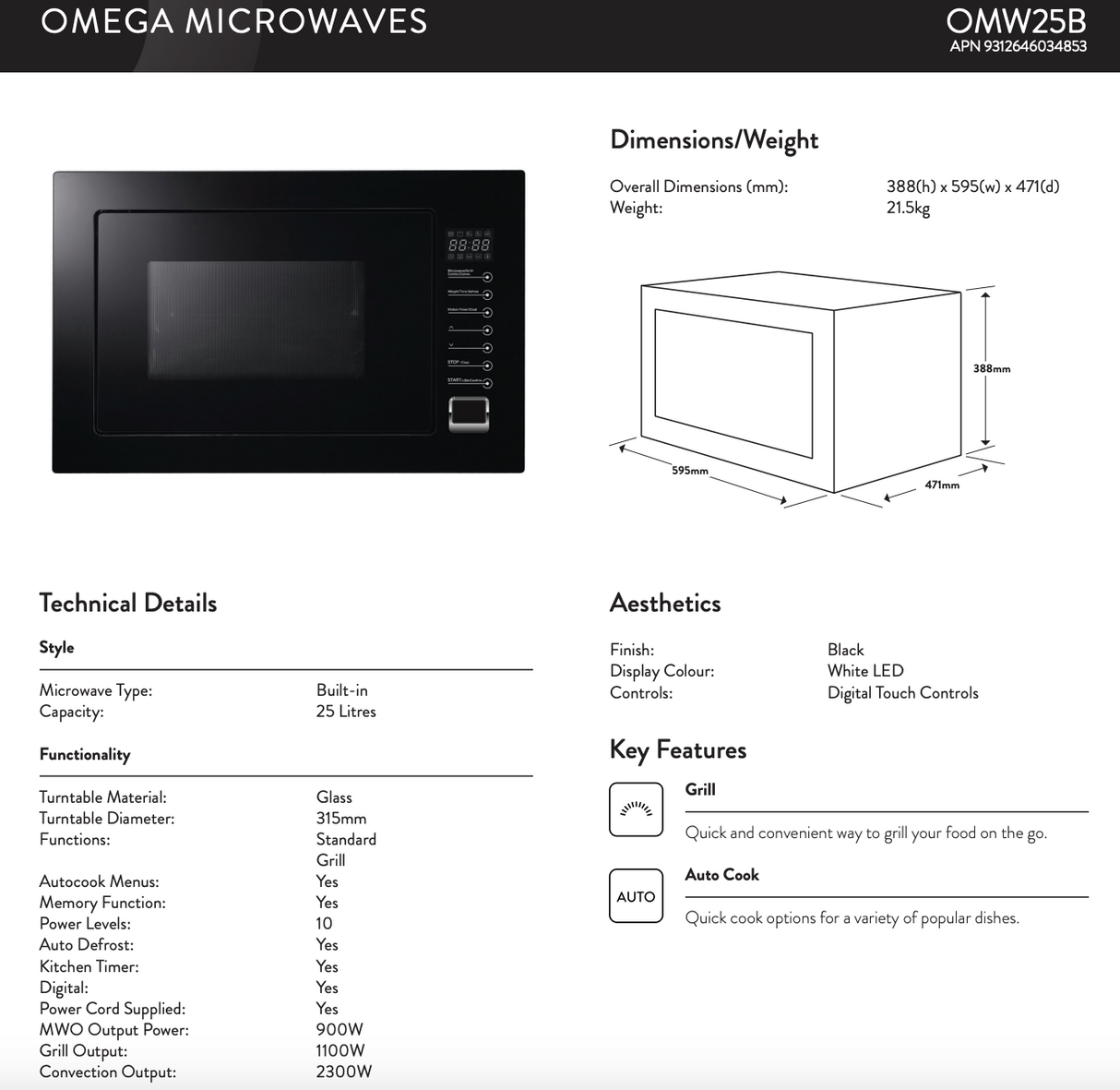 Omega OMW25B 25L Black Glass Integrated Microwave with Convection & Grill