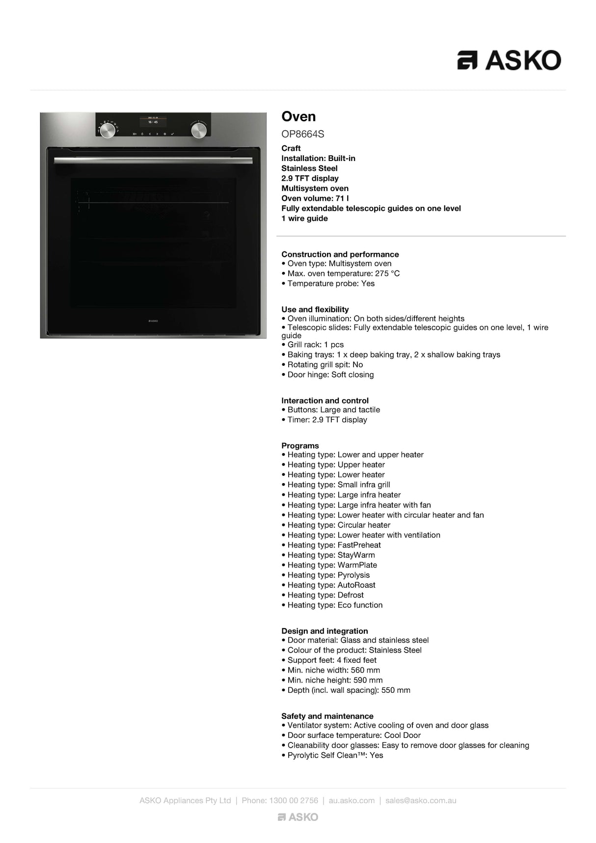 ASKO 60cm Stainless Steel Pyrolytic Craft Built-In Oven OP8664S - ASKO Seconds Discount