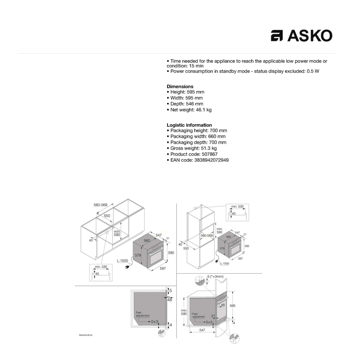 Asko Elements OP8678G 60cm Pyrolytic Multi Functional Oven - ASKO Seconds Discount