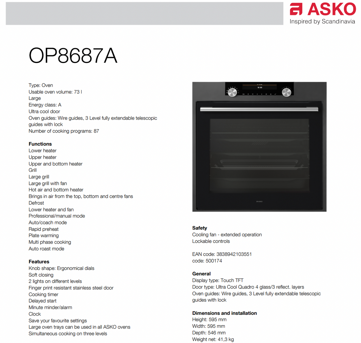 ASKO 60cm Pyrolytic Built-In Craft Oven Anthracite OP8687A - ASKO Factory Seconds