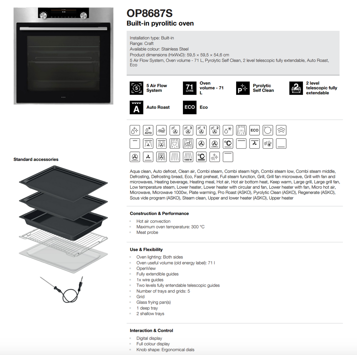 ASKO 60cm Pyrolytic Craft Built-In Oven Stainless Steel OP8687S - Ex Display