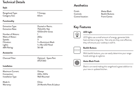 Omega Orc60Mb 60Cm Matte Black Canopy Rangehood - Special Order Rangehoods