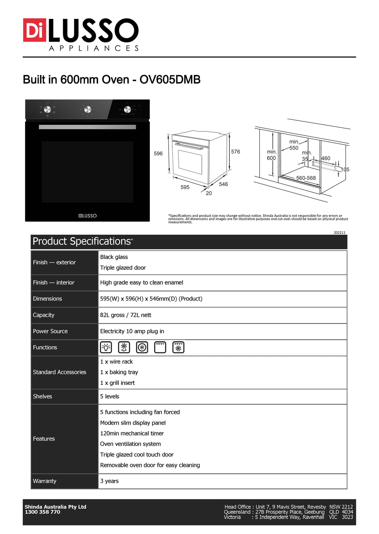 Di Lusso OV605DMB 60cm 5 Function Black Glass Electric Oven, 10amp Plug