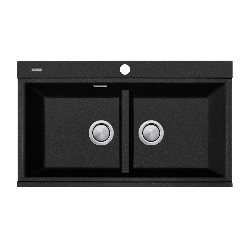 Oliveri Santorini Double Bowl Topmount Sink + Glass Top, 840x480mm, with Overflow, Black, ST-BL1566GT OF