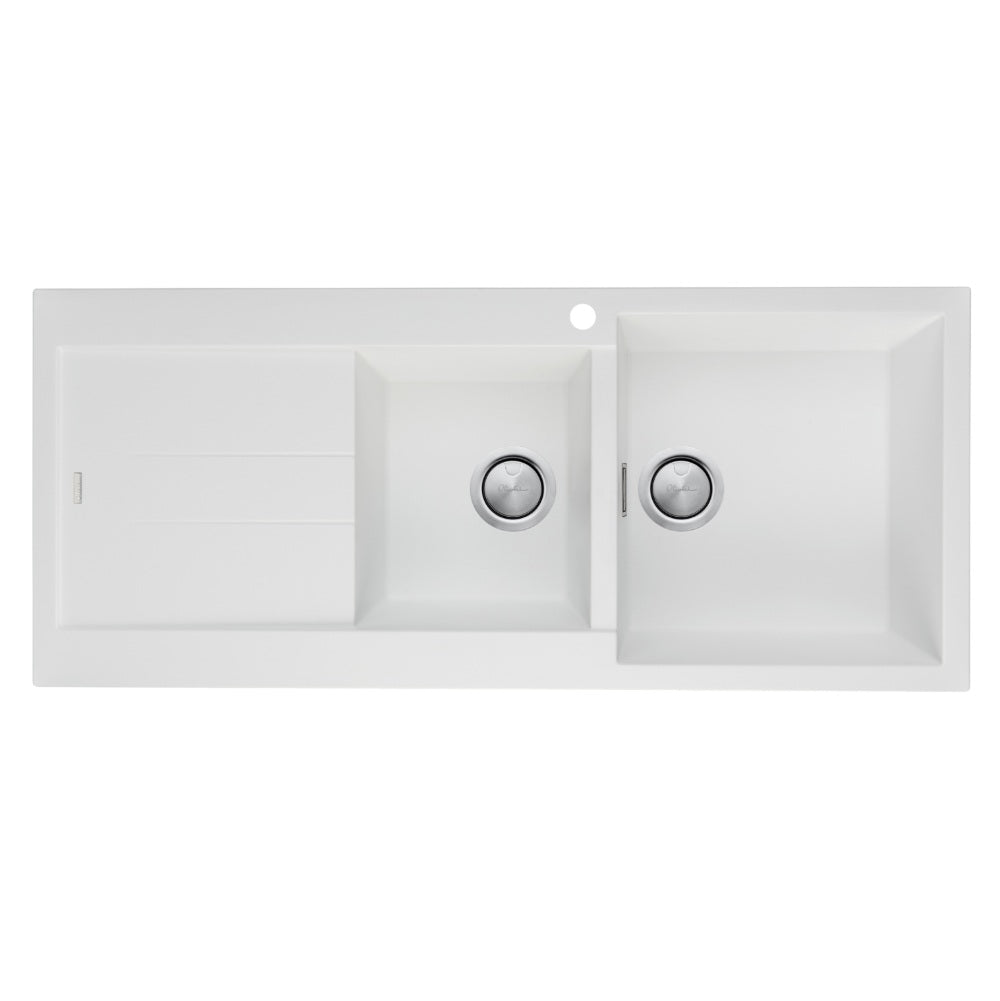 Oliveri Santorini 1 & 3/4 Right Hand Bowl Sink with Drainer, Topmount, 1140x480mm, with Overflow, White, ST-WH1512 OF