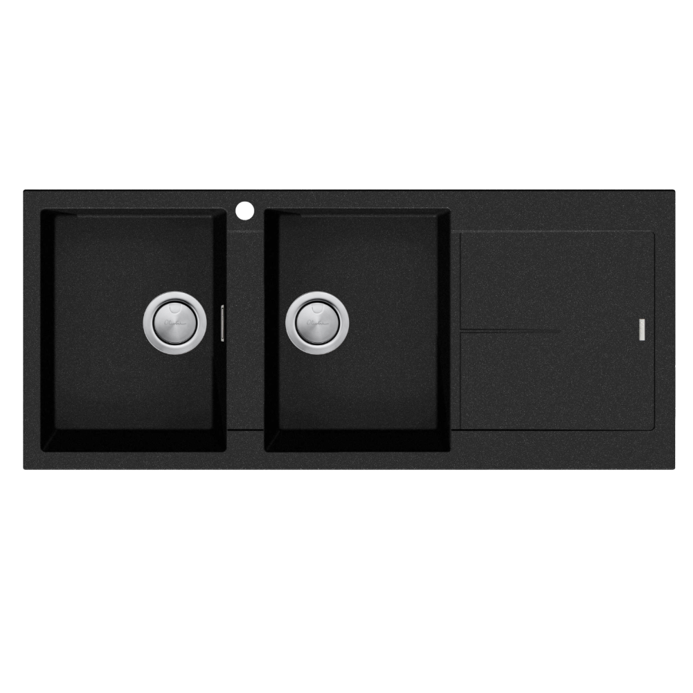 Oliveri Santorini Double Left Hand Bowl Sink with Drainer, Topmount, 1140x480mm, with Overflow, Matte Black, ST-MB1516 OF