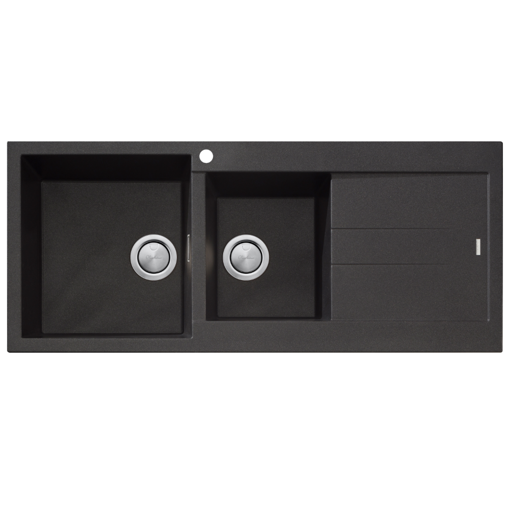 Oliveri Santorini 1 & 3/4 Left Hand Bowl Sink with Drainer, Topmount, 1140x480mm, with Overflow, Matte Black, ST-MB1511 OF