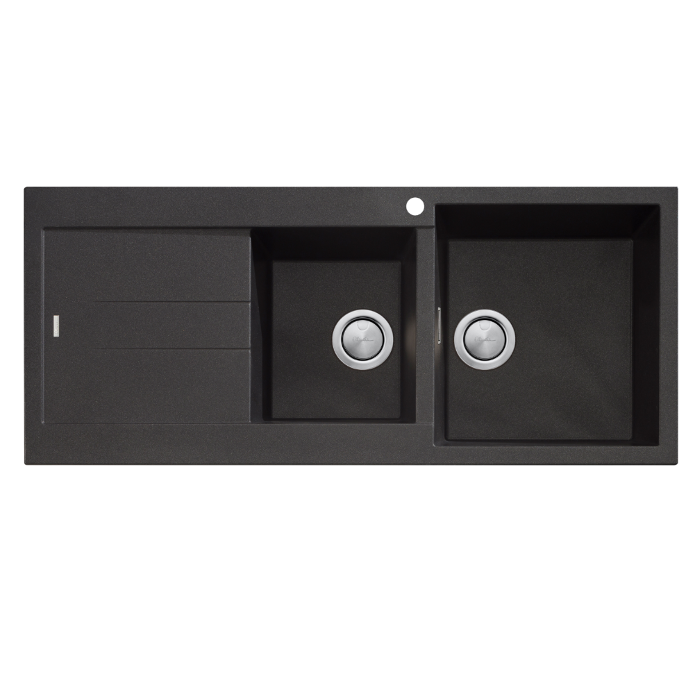 Oliveri Santorini 1 & 3/4 Right Hand Bowl Sink with Drainer, Topmount, 1140x480mm, with Overflow, Black, ST-BL1512 OF
