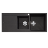 Oliveri Santorini 1 & 3/4 Right Hand Bowl Sink with Drainer, Topmount, 1140x480mm, with Overflow, Black, ST-BL1512 OF