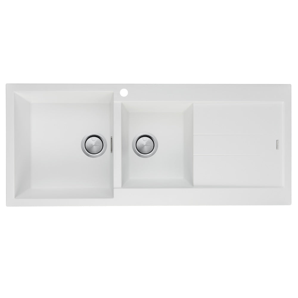 Oliveri Santorini 1 & 3/4 Left Hand Bowl Sink with Drainer, Topmount, 1140x480mm, with Overflow, White, ST-WH1511 OF