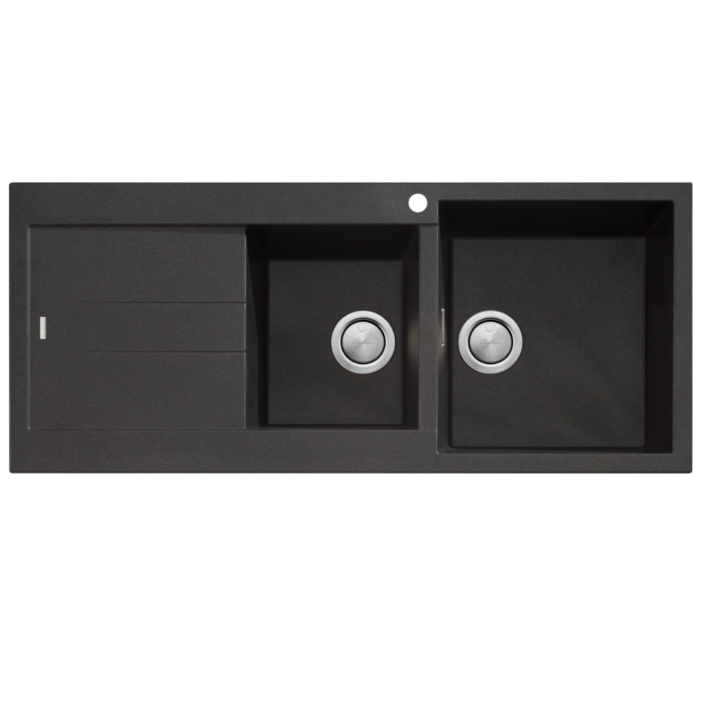Oliveri Santorini 1 & 3/4 Right Hand Bowl Sink with Drainer, Topmount, 1140x480mm, with Overflow, Matte Black, ST-MB1512 OF