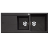 Oliveri Santorini 1 & 3/4 Right Hand Bowl Sink with Drainer, Topmount, 1140x480mm, with Overflow, Matte Black, ST-MB1512 OF